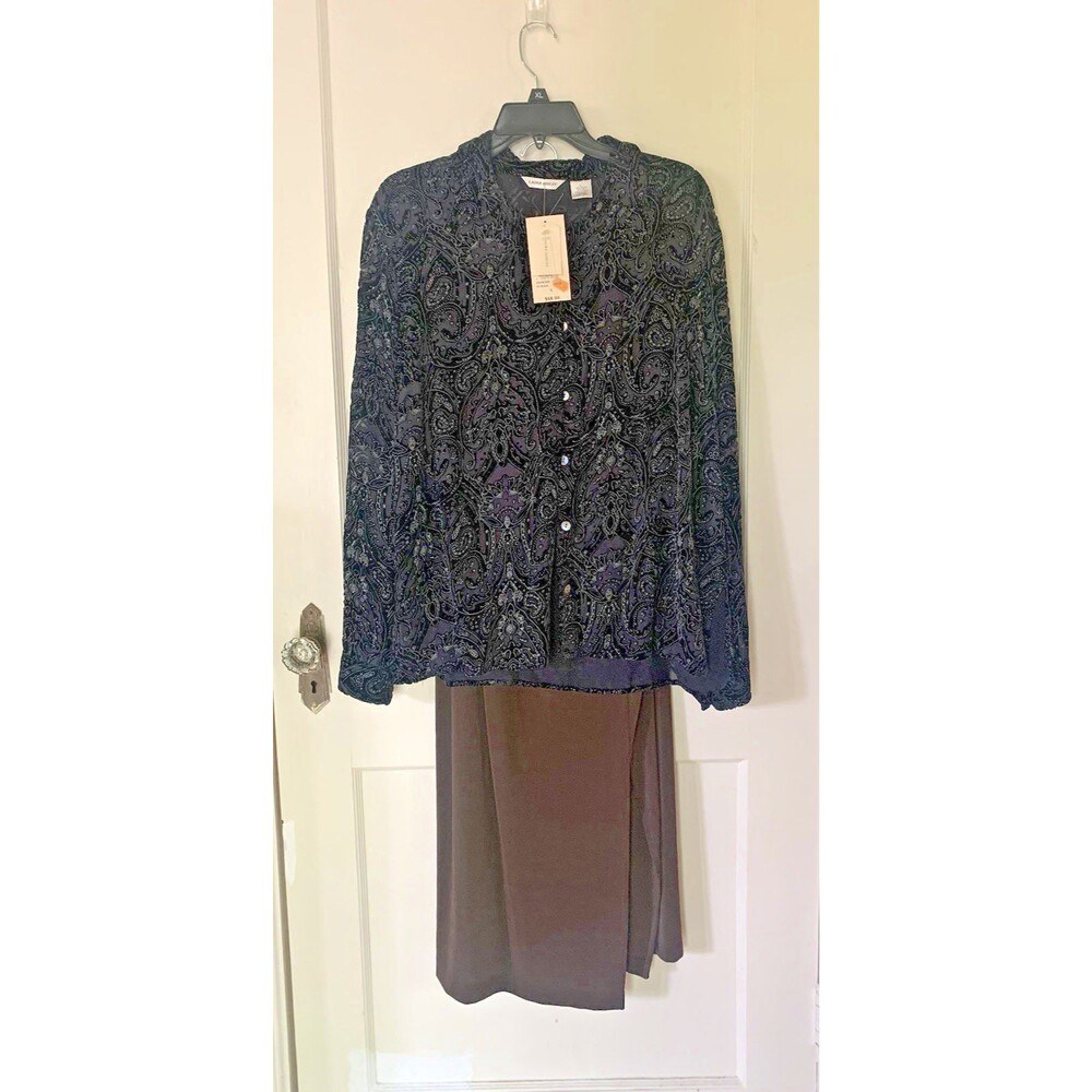 VTG 80s Laura Ashley 2 pcs Black Lace Shirt Skirt Women Sz L Preppy Gothic NWT